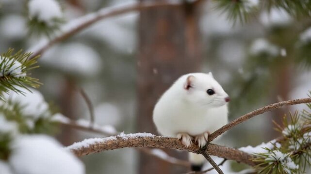A white ermine sits on a snowdusted branch in a winter forest