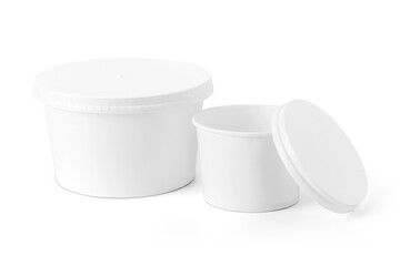Blank white paper takeaway food containers for product mockups with an eco-friendly design, isolated on a white background.