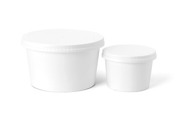 Blank white paper takeaway food containers for product mockups with an eco-friendly design, isolated on a white background.