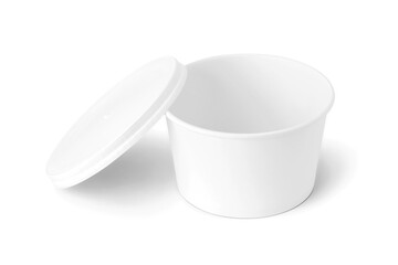 Blank white paper takeaway food containers for product mockups with an eco-friendly design, isolated on a white background.