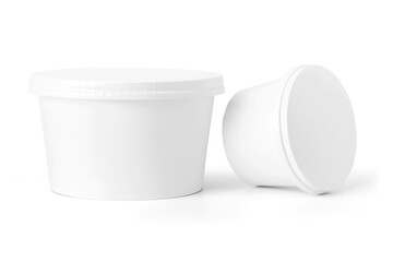 Blank white paper takeaway food containers for product mockups with an eco-friendly design, isolated on a white background.