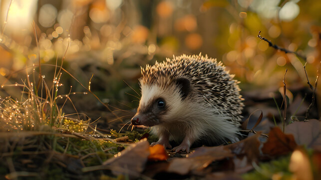 Adorable hedgehog exploring nature's beauty in golden light, wildlife, nature, forest, autumn, fall, cute, animal