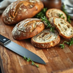 Slices of Artisan Bread and Knife on a Rustic Cutting Board