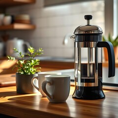 Coffee French Press and Cups on a Wooden Counter in Sunlight