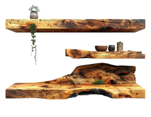 Floating wall shelf with wooden planks isolated on transparent background PNG 