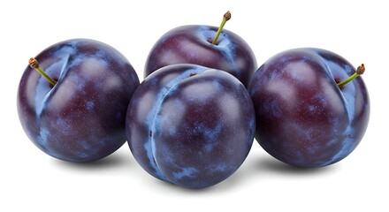 Close up of four fresh plums isolated on white background