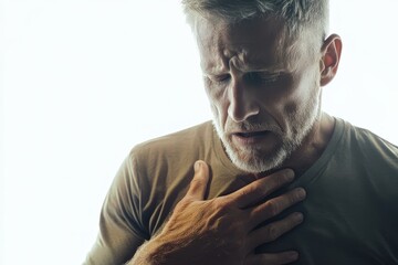 Close-up portrait of a distressed man holding his chest.