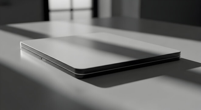 Sleek modern tablet on clean white desk surface for minimalist tech lifestyle branding and innovative product marketing campaigns featuring cutting edge design