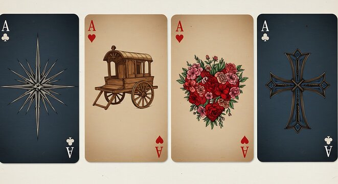 Vintage playing cards aces illustration display with various symbolic designs