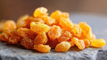 Golden raisins are piled on a dark stone surface showcasing their bright yellow hue and slightly wrinkled texture. The natural shine reflects light beautifully highlighting their sweetness.