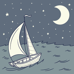 A charming hand drawn illustration of a sailboat with a white sail navigating the wavy ocean under a starry night sky with a large crescent moon