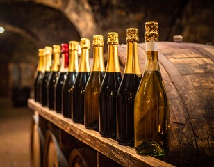Sparkling wine bottles on wooden cart in a wine cellar