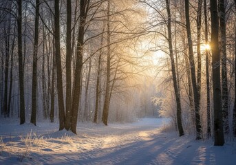 Fototapeta premium Sunlight filtering through frosted trees in a snowy forest path