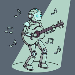 A friendly cartoon robot playing an acoustic guitar on a stage with musical notes floating around it in a spotlight