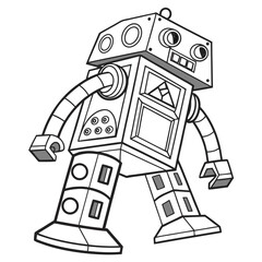 A playful cartoon illustration of a vintage style robot with a square body round eyes and articulated limbs standing against a white background