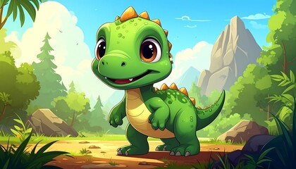 Fototapeta premium Cute green dinosaur with large eyes smiles on a path in a cartoon forest landscape