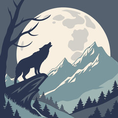 A solitary wolf howls at the luminous full moon from atop a rocky cliff overlooking snow capped mountains and a dense pine forest below