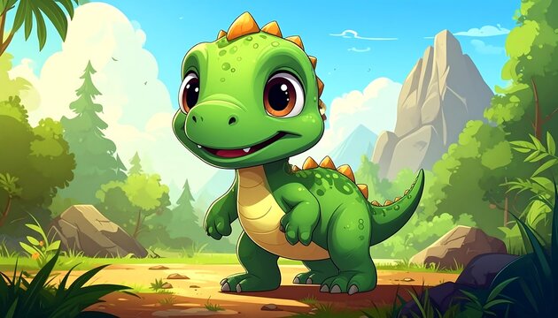Cute green dinosaur with large eyes smiles on a path in a cartoon forest landscape