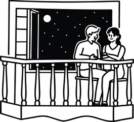 couple sitting on balcony at night illustration on transparent background
