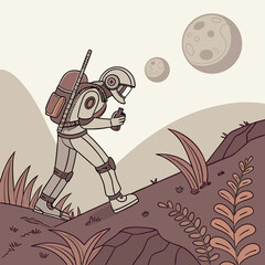 Astronaut exploring alien planet with two moons in the sky carrying a backpack and a sample container