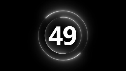White neon circle with number 49 in the center on a black background forty nine numeral
