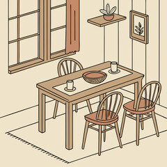 Cozy dining room scene with a wooden table and chairs a window with a curtain a rug and a plant on a shelf