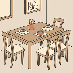 Cozy dining room scene with a wooden table set for four featuring placemats bowls and a small potted plant complemented by four wooden chairs and wall art