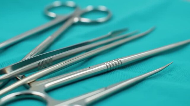 Surgical Instruments Close Up Silver Metal Tools on Green Fabric Sterile Field Preparation in Operating Room Precision Medical Equipment Healthcare