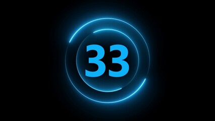 Blue Neon Circle With Number 33 On Black Background numeral count