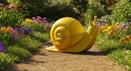 Bright yellow snail in a vibrant garden with colorful flowers and lush foliage