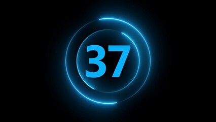 Blue Neon Number 37 Inside Glowing Circles on Black Background numeral digit