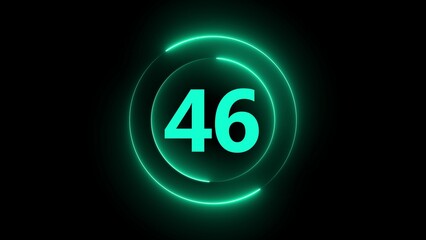 Cyan neon number 46 inside concentric glowing circles on black background numeral digit