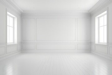 Bright and empty white room with natural light streaming through two large windows