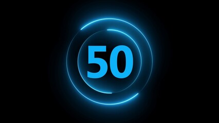 Glowing Neon Blue Circle With Number 50 On Black Background fifty numeral