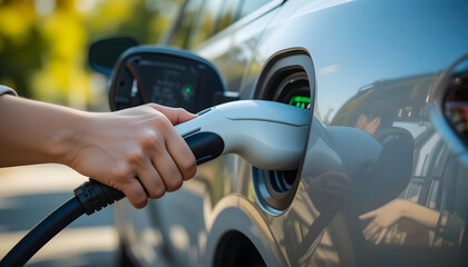 A woman's hand holds an EV charging cable, focusing on the close-up connection point, ideal for a green lifestyle advertisement.