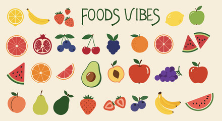 Fresh Fruits Vibes Collection – Hand Drawn Color Icons of Apple Banana Orange Lemon Watermelon Avocado Strawberry Cherry Grape and More, Cute Doodle Vector for Menu Sticker Poster and Social Media