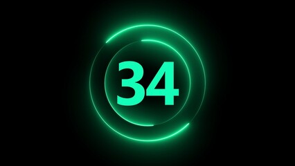 Green Neon Circle Around Number Thirty Four on Black Background numeral digit
