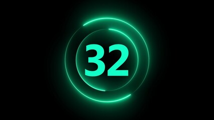 Green Neon Circle With Number 32 On Black Background count countdown