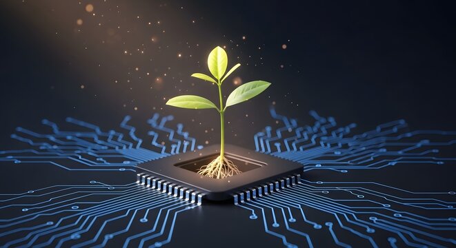 Green Plant Growing from Computer Chip Sustainable Technology and EcoFriendly Innovation.