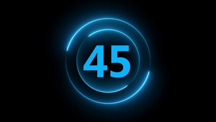 Fototapeta premium Neon blue glowing circle with number 45 inside on black background numeral countdown