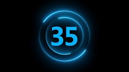 Neon blue number 35 inside concentric circles on black background thirty-five numeral