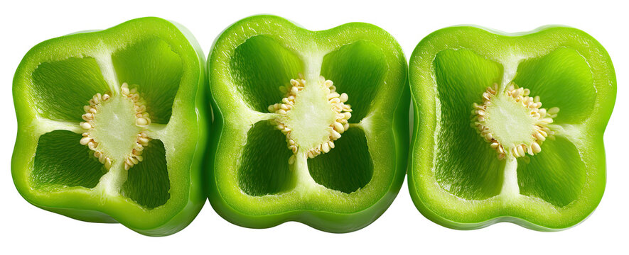 Three sliced green bell peppers, displaying the interior seeds
