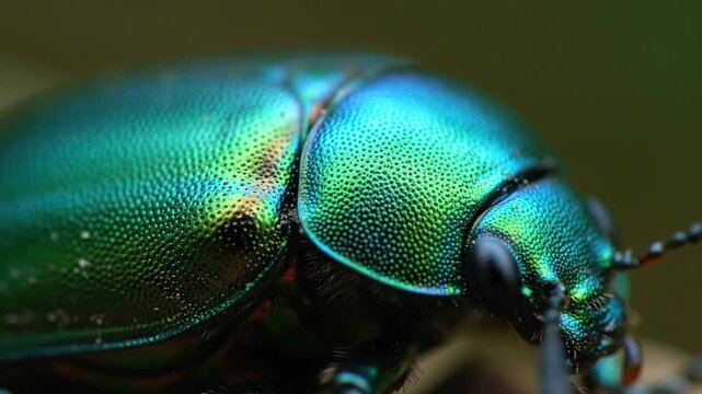 Intricate close-up of a metallic green beetle with iridescent shell, showcasing its textured exoskeleton and antennae.