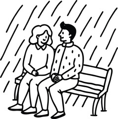 couple sitting on bench in rain illustration on transparent background