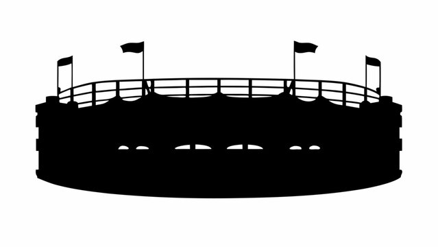 Dynamic stadium silhouette with waving flags, perfect for sports branding, event promotion, and team spirit designs with a bold, modern, and minimalist aesthetic