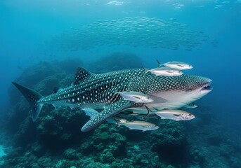 Majestic whale shark glides through clear blue ocean waters with remoras