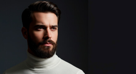 Close up portrait of a handsome bearded man in a white turtleneck looking away on a dark background. Male beauty and fashion concept for advertising.