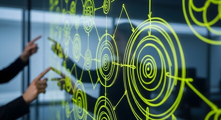 Team Collaborating on Futuristic Digital Network Diagram on Interactive Screen.