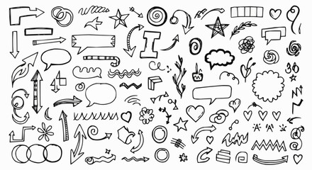 Collection of hand drawn black doodles arrows stars hearts speech bubbles and swirls