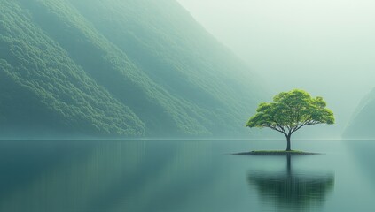 Solitary tree reflects in calm water with hazy mountains